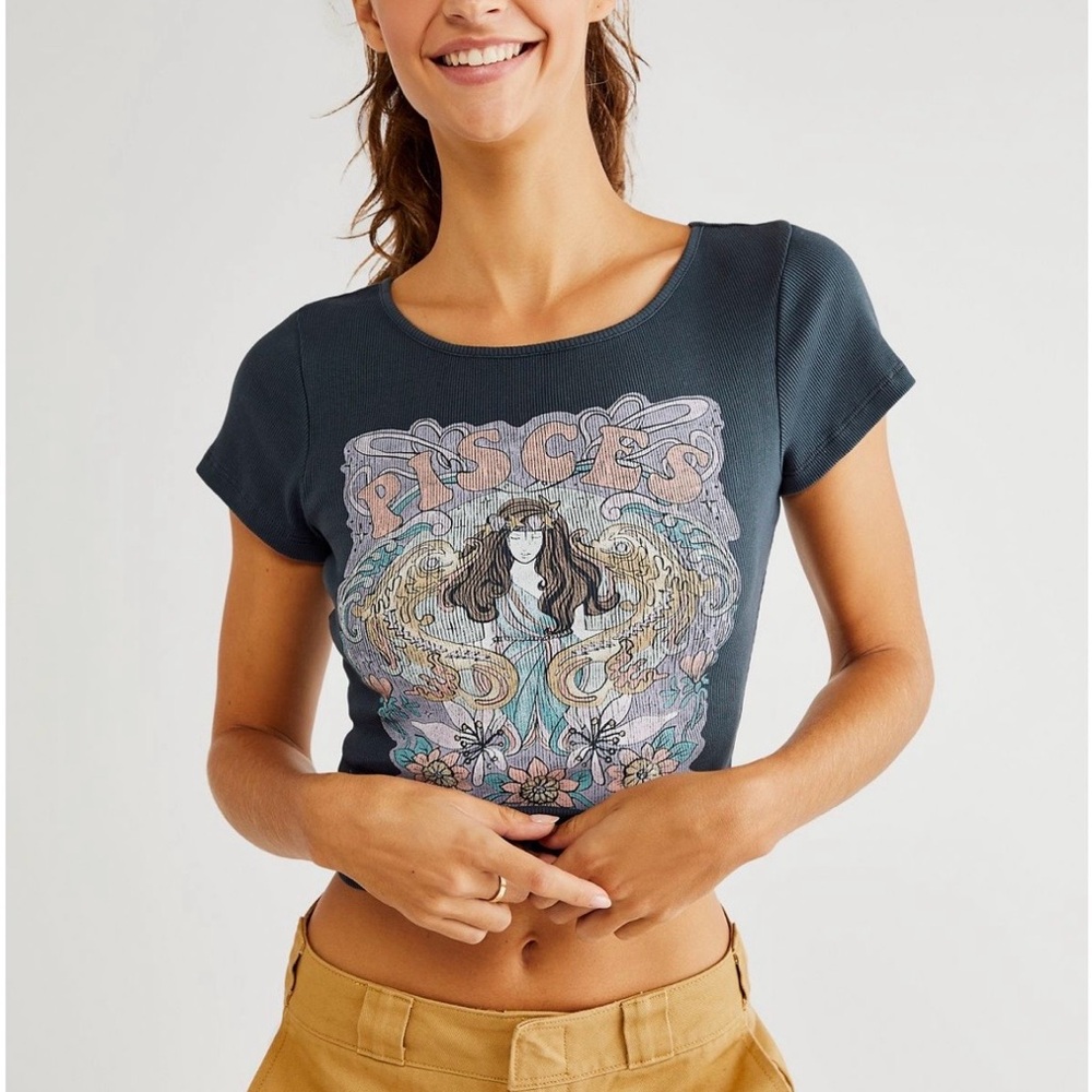 Free People Pisces Horoscope Graphic Crop Baby Tee in dark grey